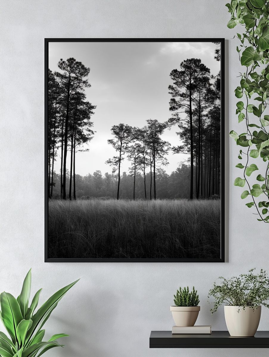 Misty Pine Forest Black-White Poster. — room view 4