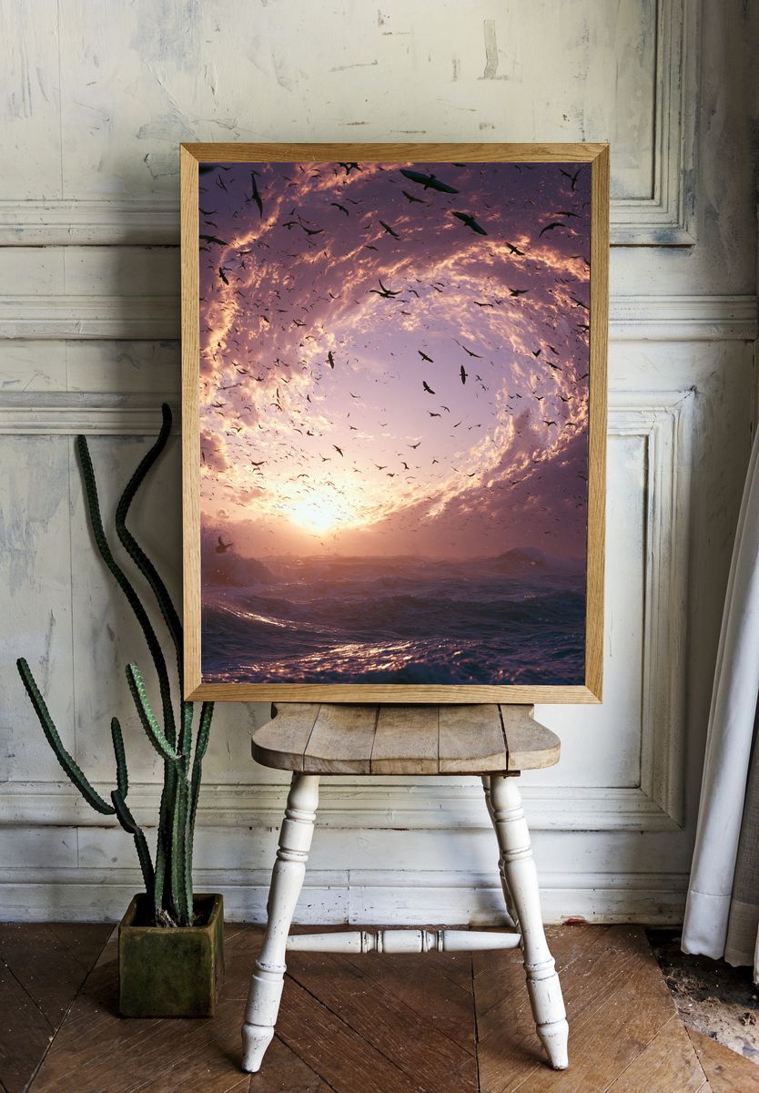 Sunset Seabirds Ocean Print. — room view 1