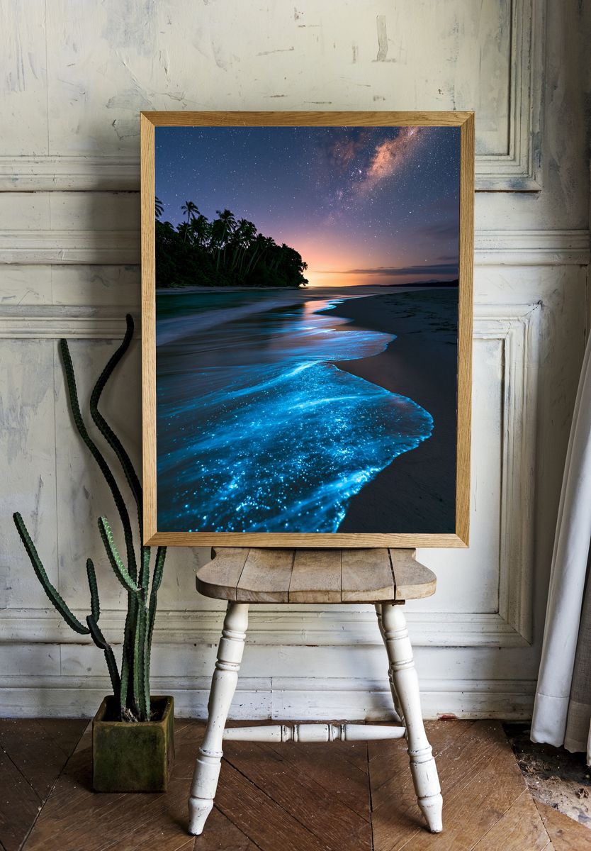 Bioluminescent Beach Nightscape Poster. — room view 1