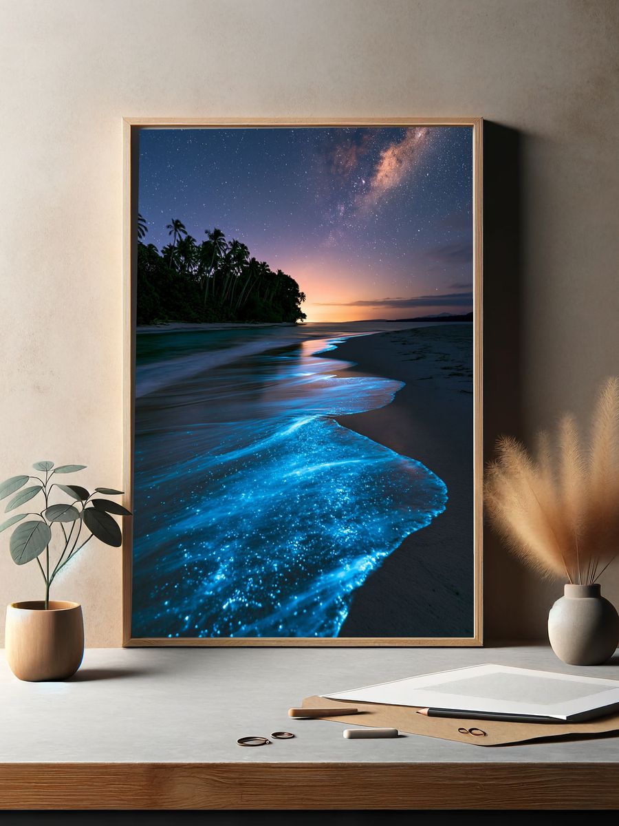 Bioluminescent Beach Nightscape Poster. — room view 2