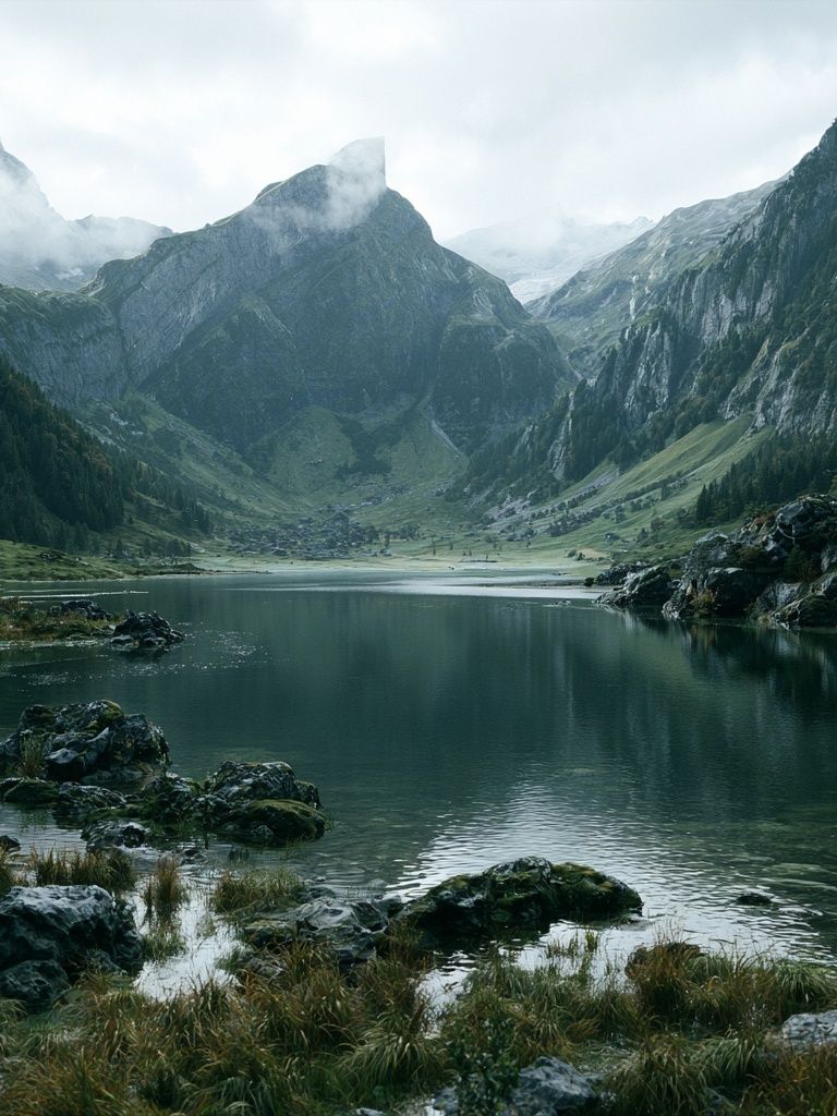 Misty Alpine Lake Photography Poster. poster detail
