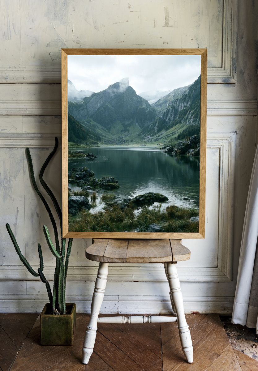 Misty Alpine Lake Photography Poster. — room view 1