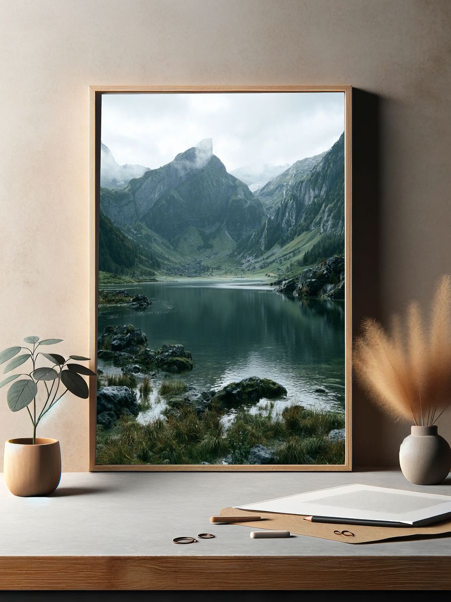 Misty Alpine Lake Photography Poster. — room view 2