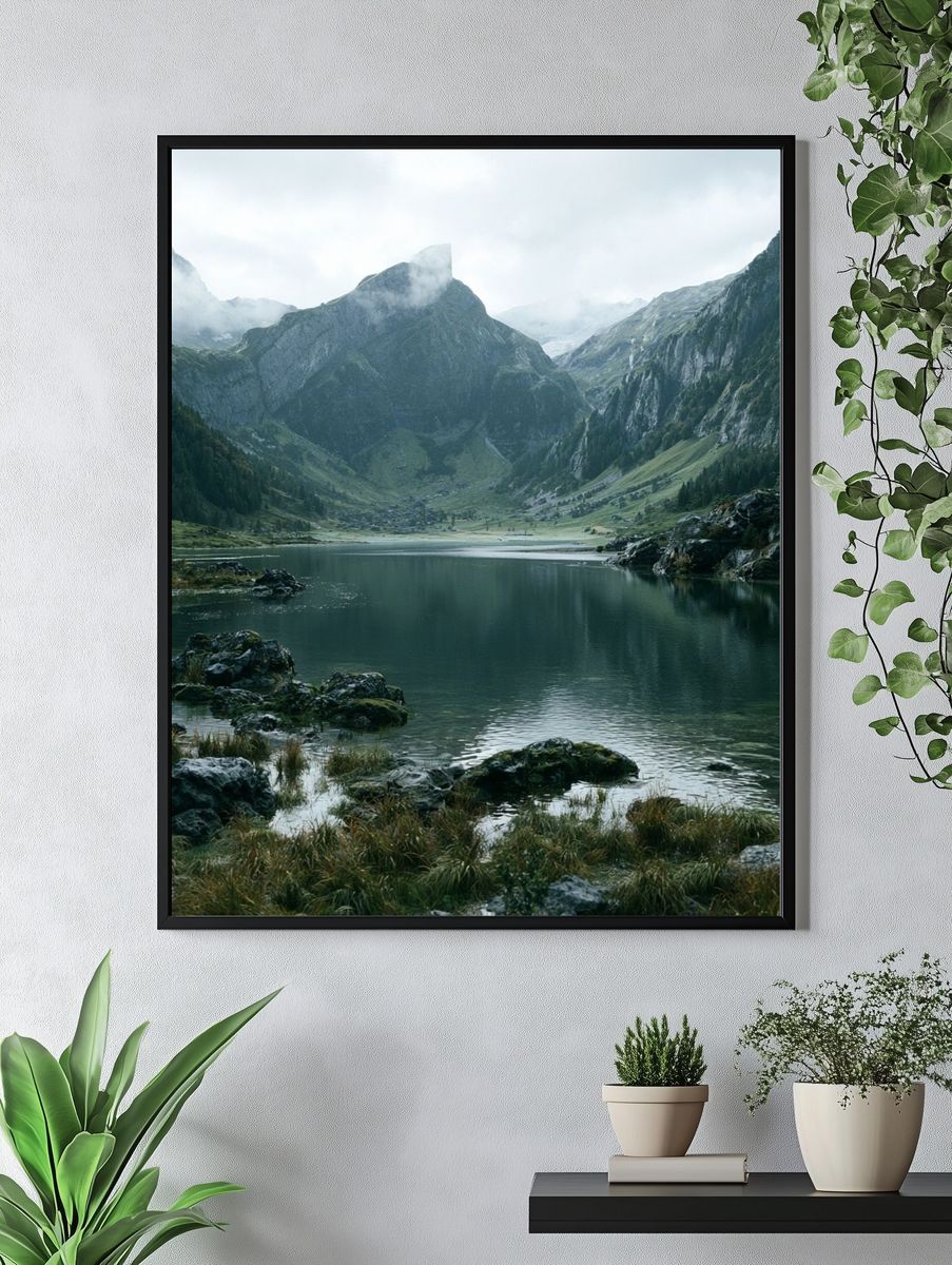 Misty Alpine Lake Photography Poster. — room view 4