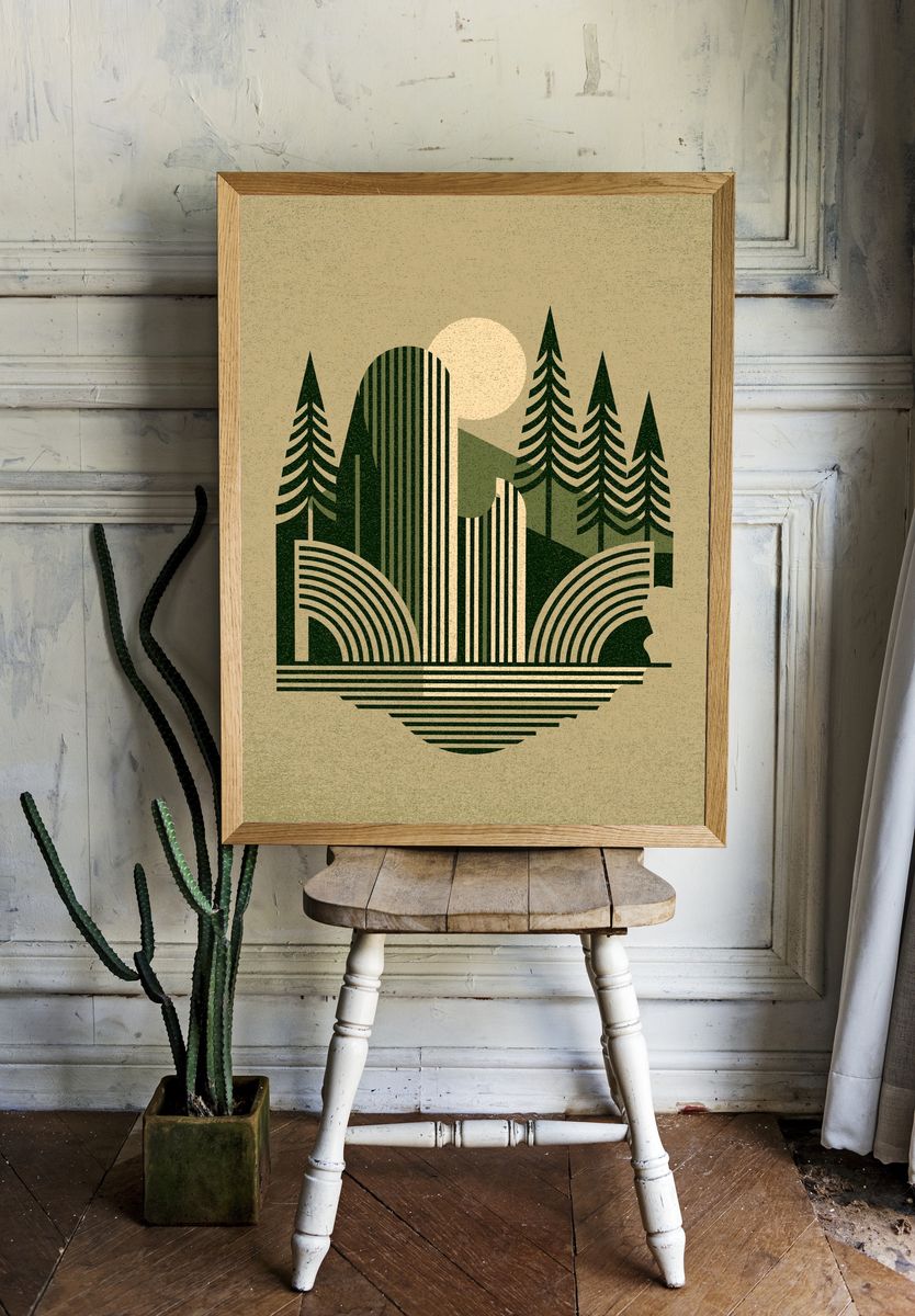 Geometric Forest Sunset Print. — room view 1