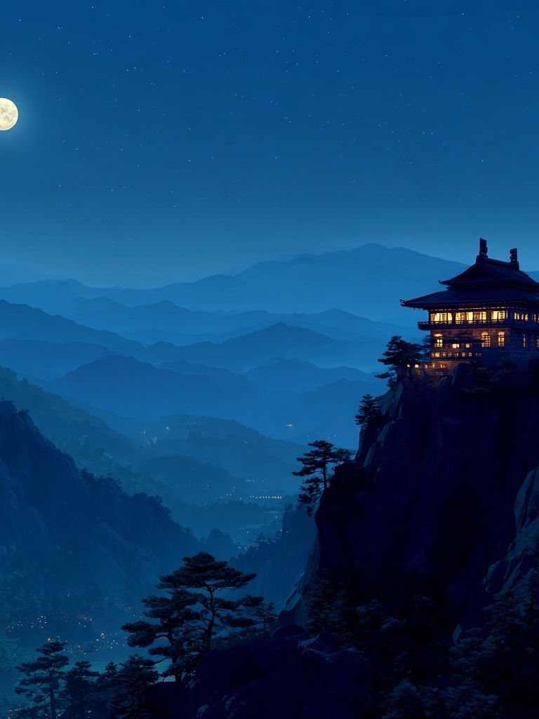 Moonlit Mountain Temple Print. poster — nature art
