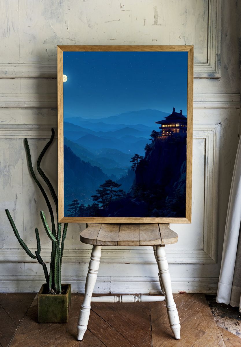 Moonlit Mountain Temple Print. — room view 1