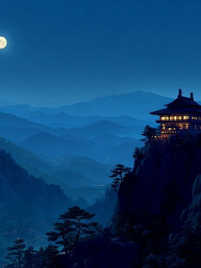 Moonlit Mountain Temple Print. poster print