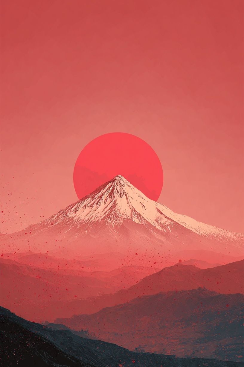 Red Sun Over Snowy Mountain Poster. poster detail