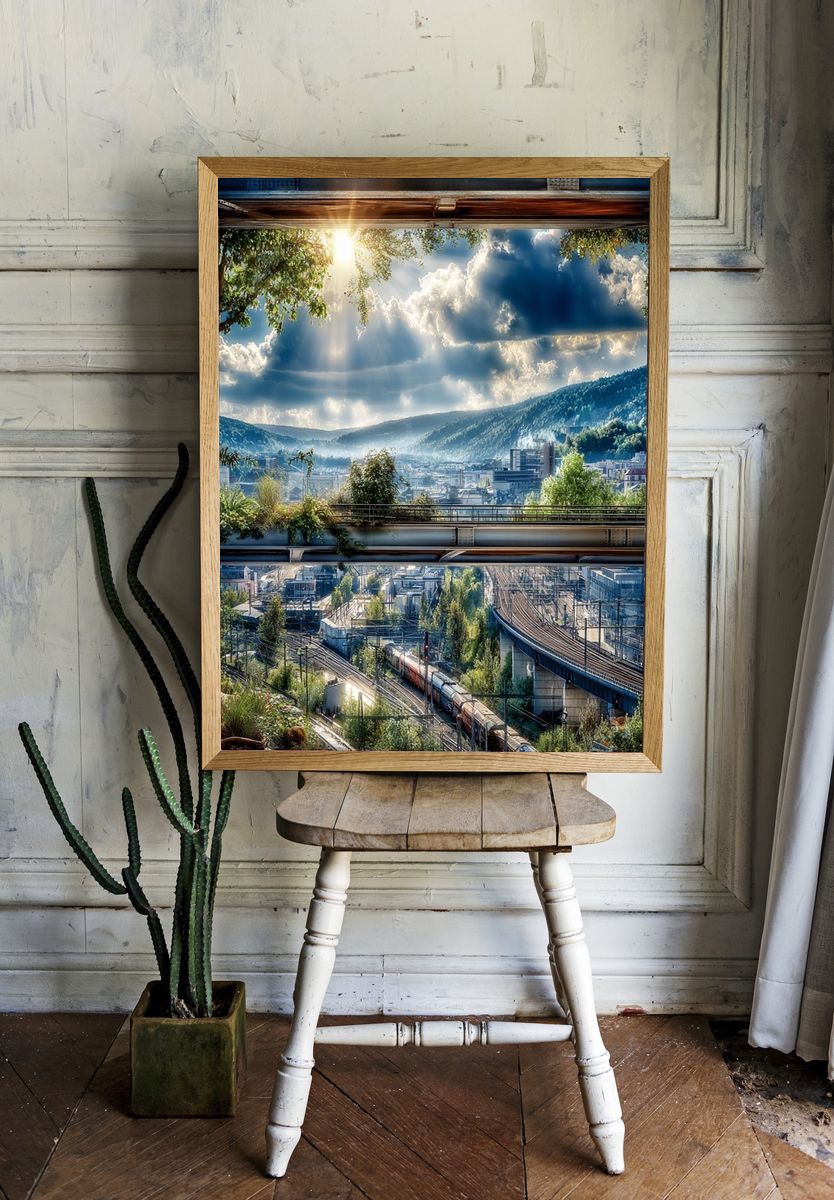 Sunlit Mountain Railway Landscape Poster. — room view 1