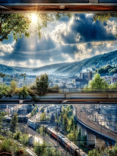 Sunlit Mountain Railway Landscape Poster. poster