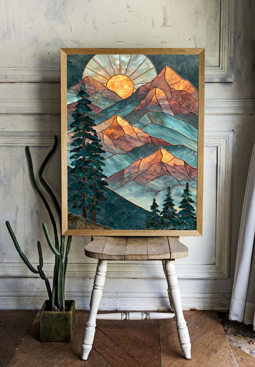 Stained Glass Mountain Sunrise Poster. room preview