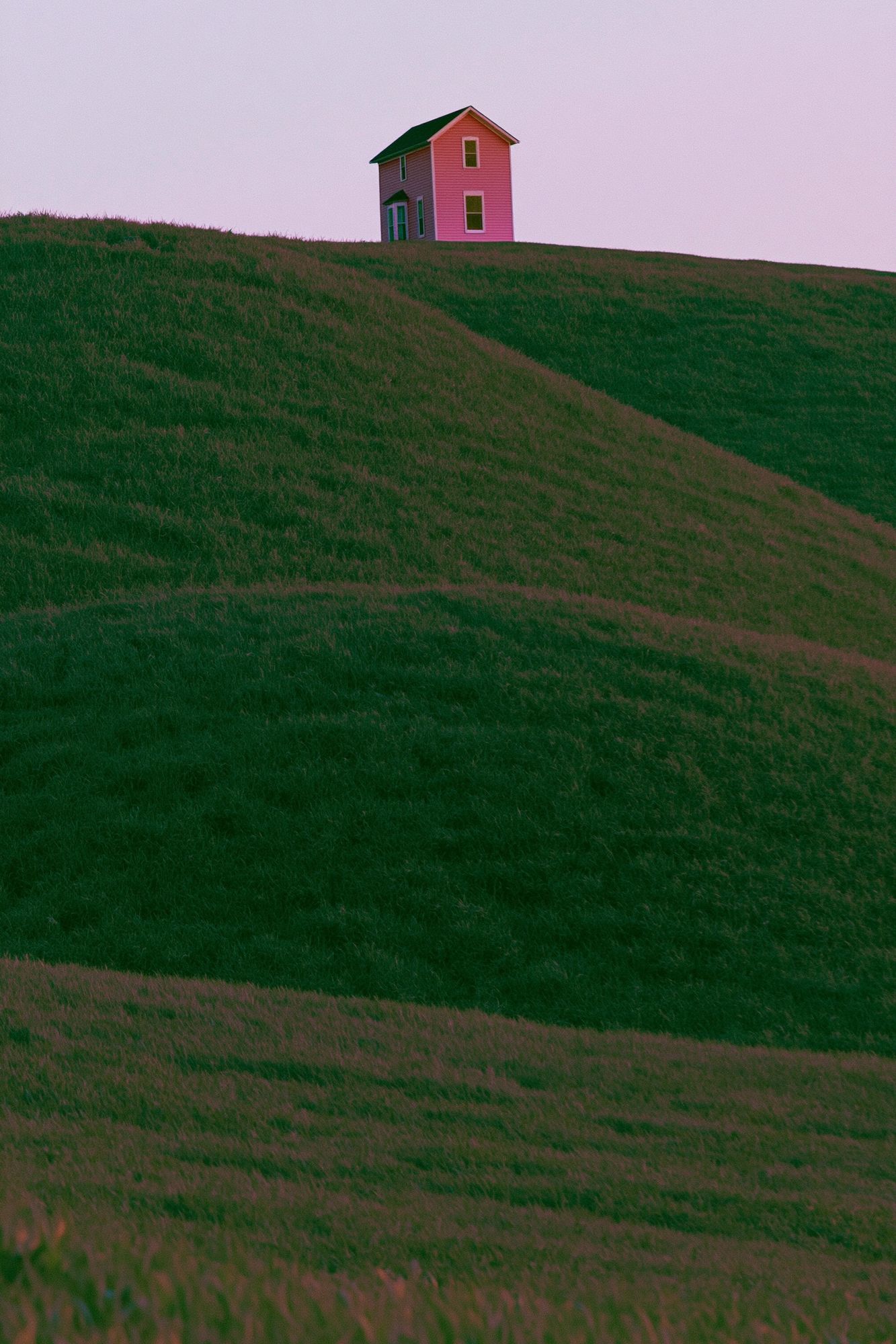 Pink House on Green Hills Poster. poster detail