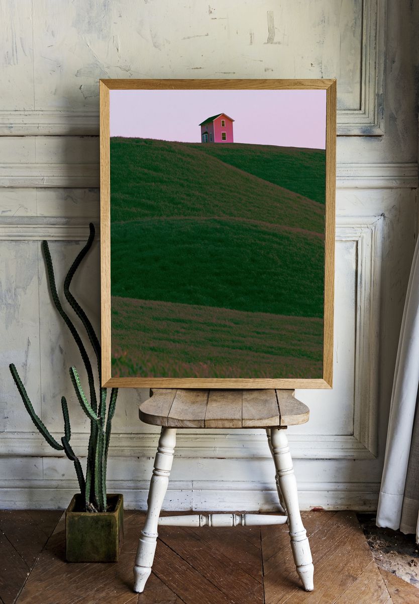 Pink House on Green Hills Poster. — room view 1