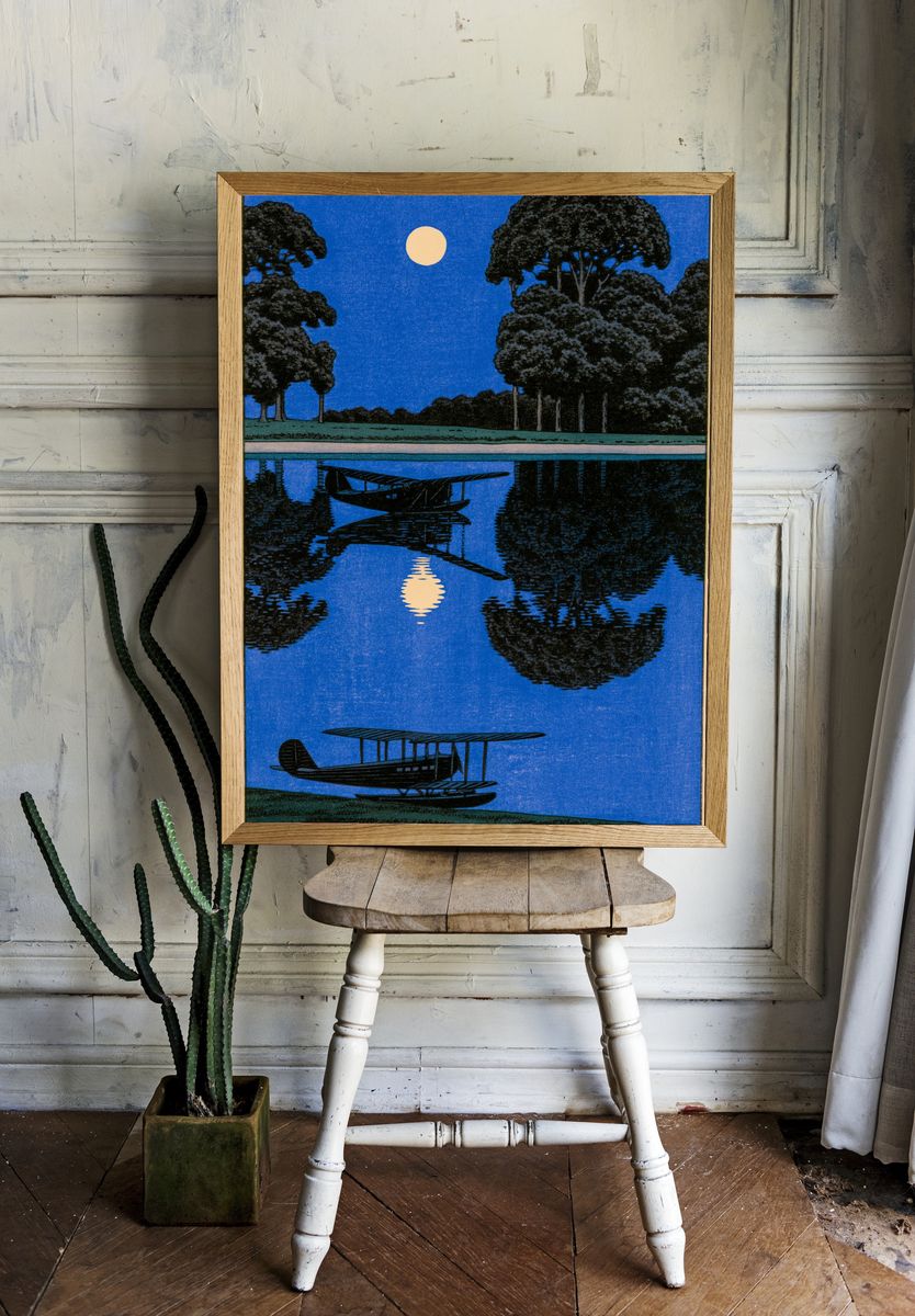 Moonlit Seaplane Landscape Poster. — room view 1