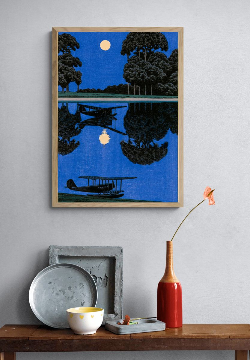 Moonlit Seaplane Landscape Poster. — room view 3