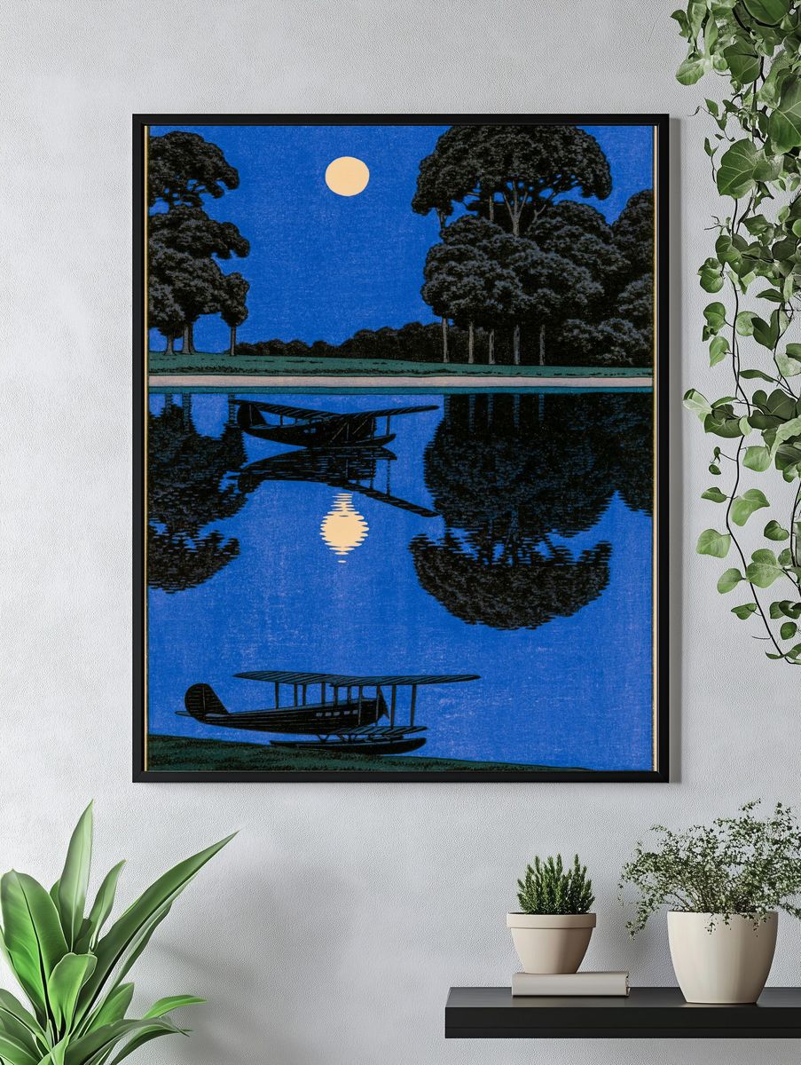 Moonlit Seaplane Landscape Poster. — room view 4