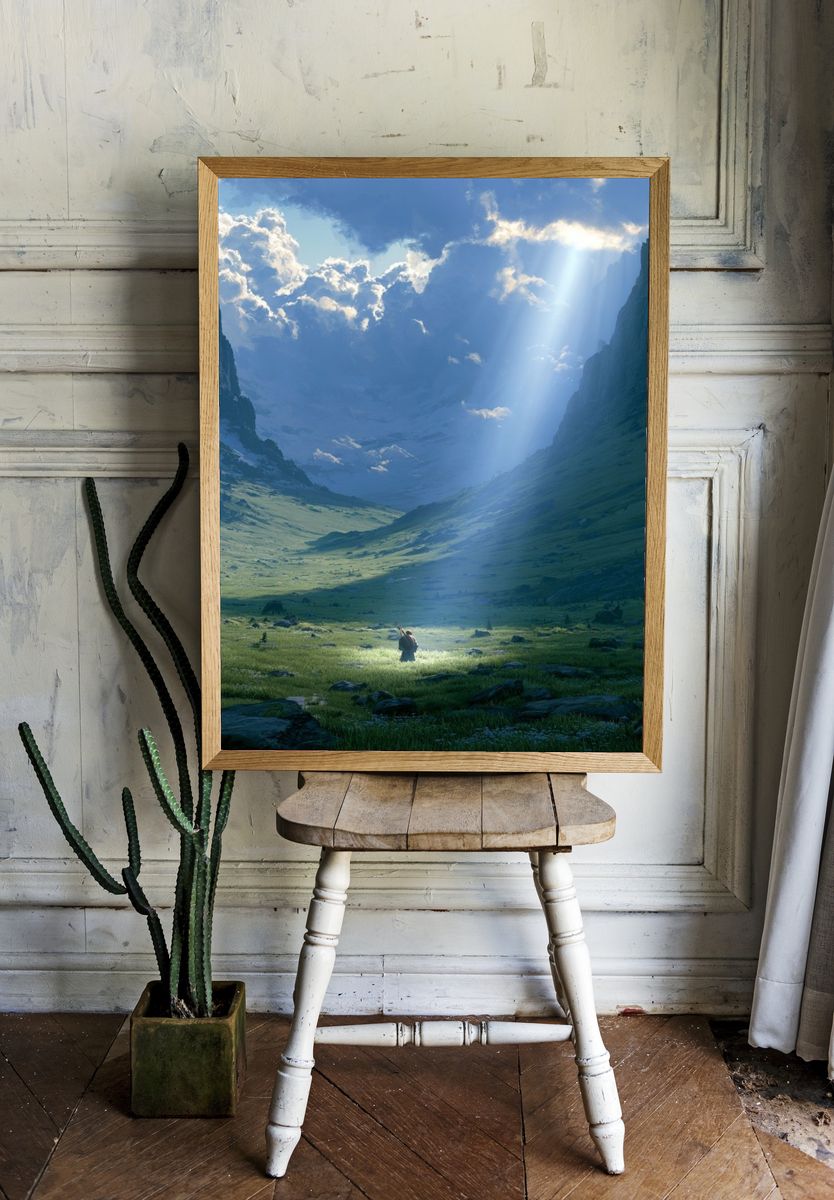 Sunlit Mountain Valley Print. — room view 1