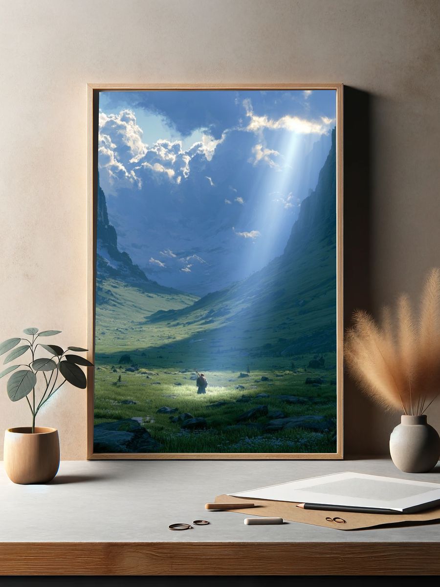 Sunlit Mountain Valley Print. — room view 2
