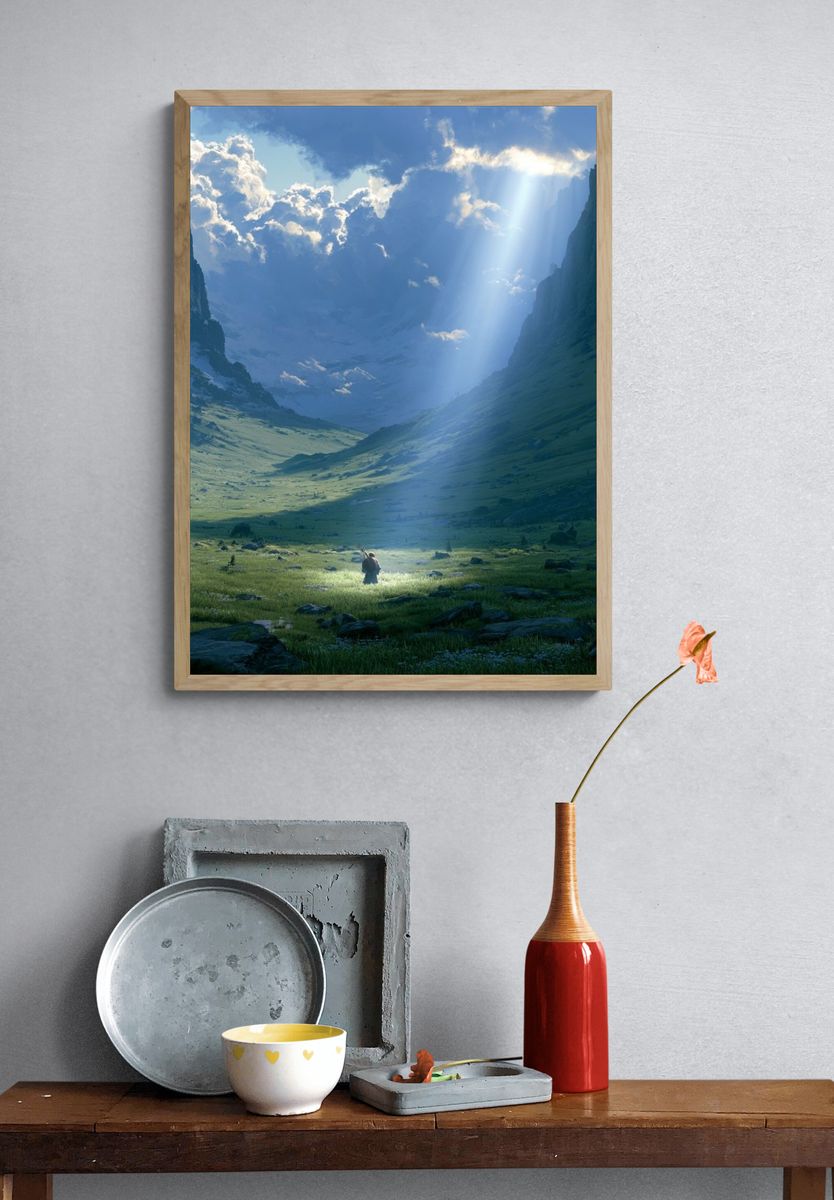 Sunlit Mountain Valley Print. — room view 3