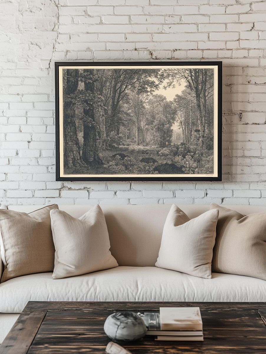 Misty Woodland Forest Print. room preview