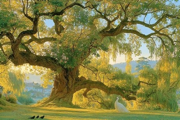 Sunlit Willow Landscape Print. poster — nature art