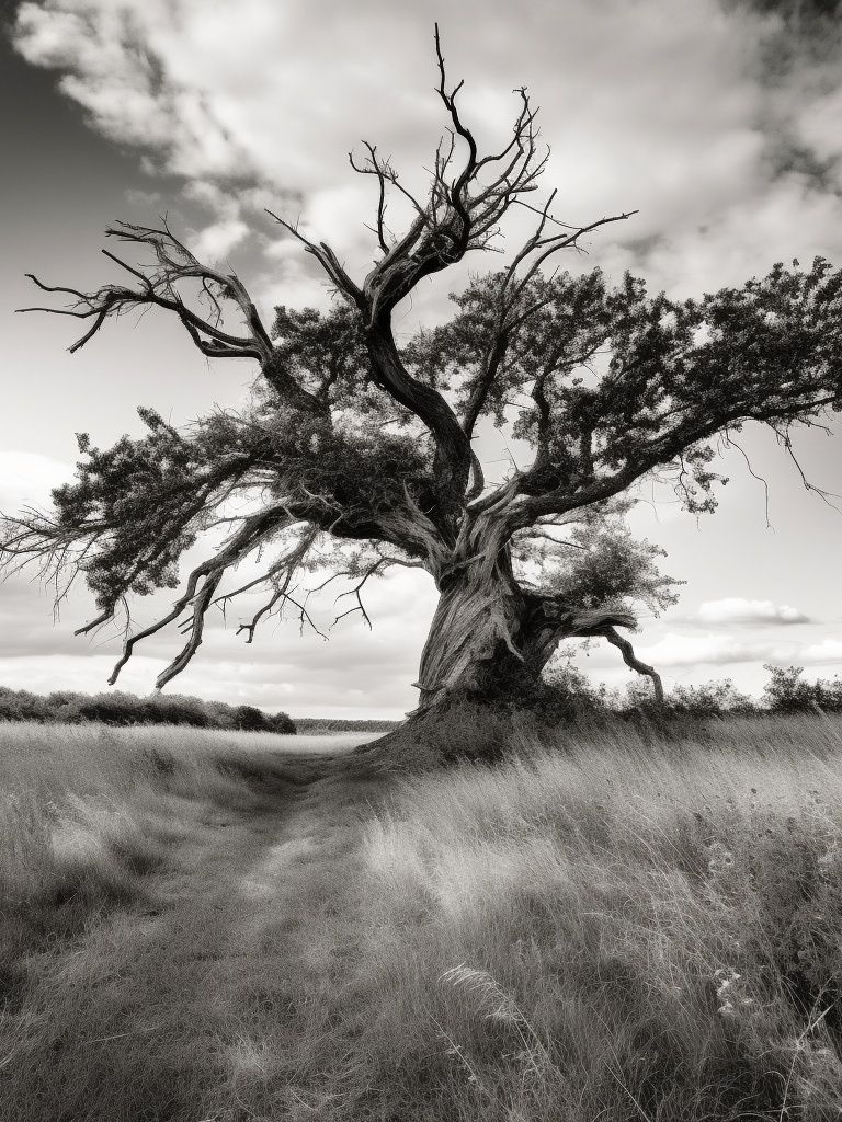 Solitary Tree in Meadow Black-White Poster. poster detail