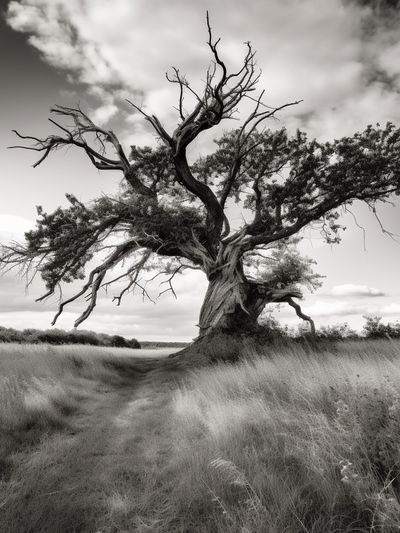 Solitary Tree in Meadow Black-White Poster.