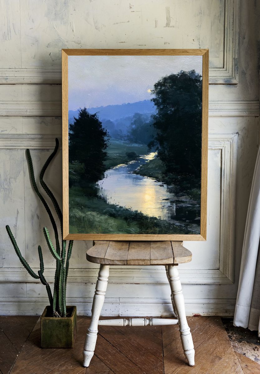Misty River Dawn Landscape Poster. — room view 1