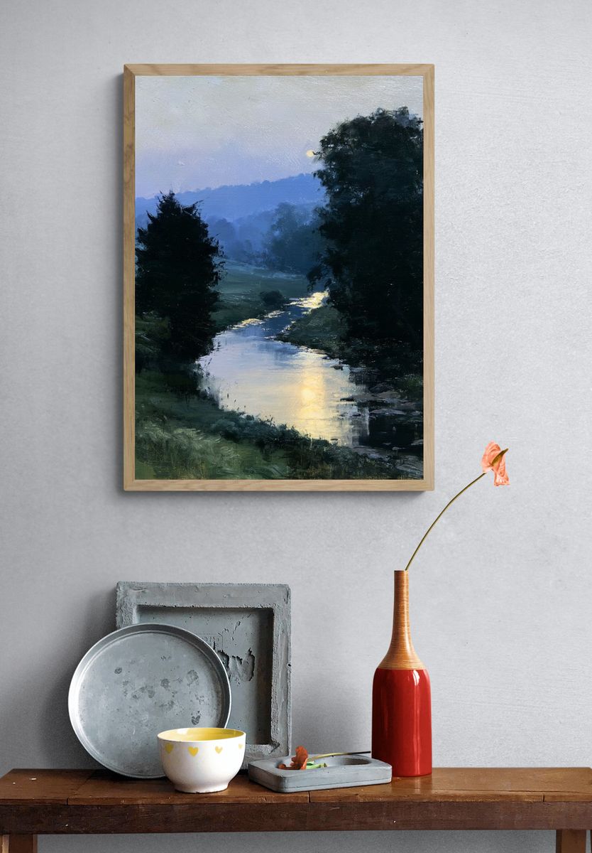 Misty River Dawn Landscape Poster. — room view 3