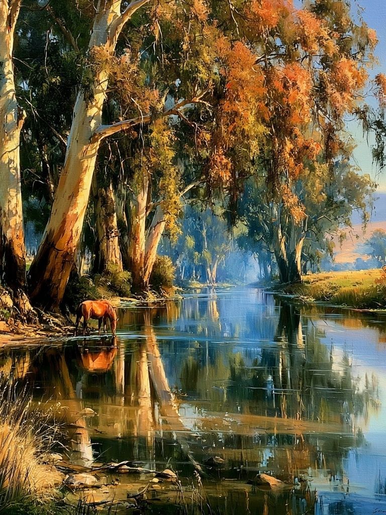 Riverbank Horse Landscape Print. poster detail