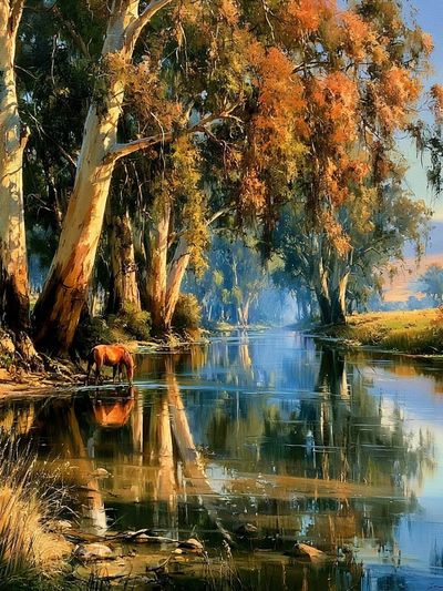 Riverbank Horse Landscape Print. poster