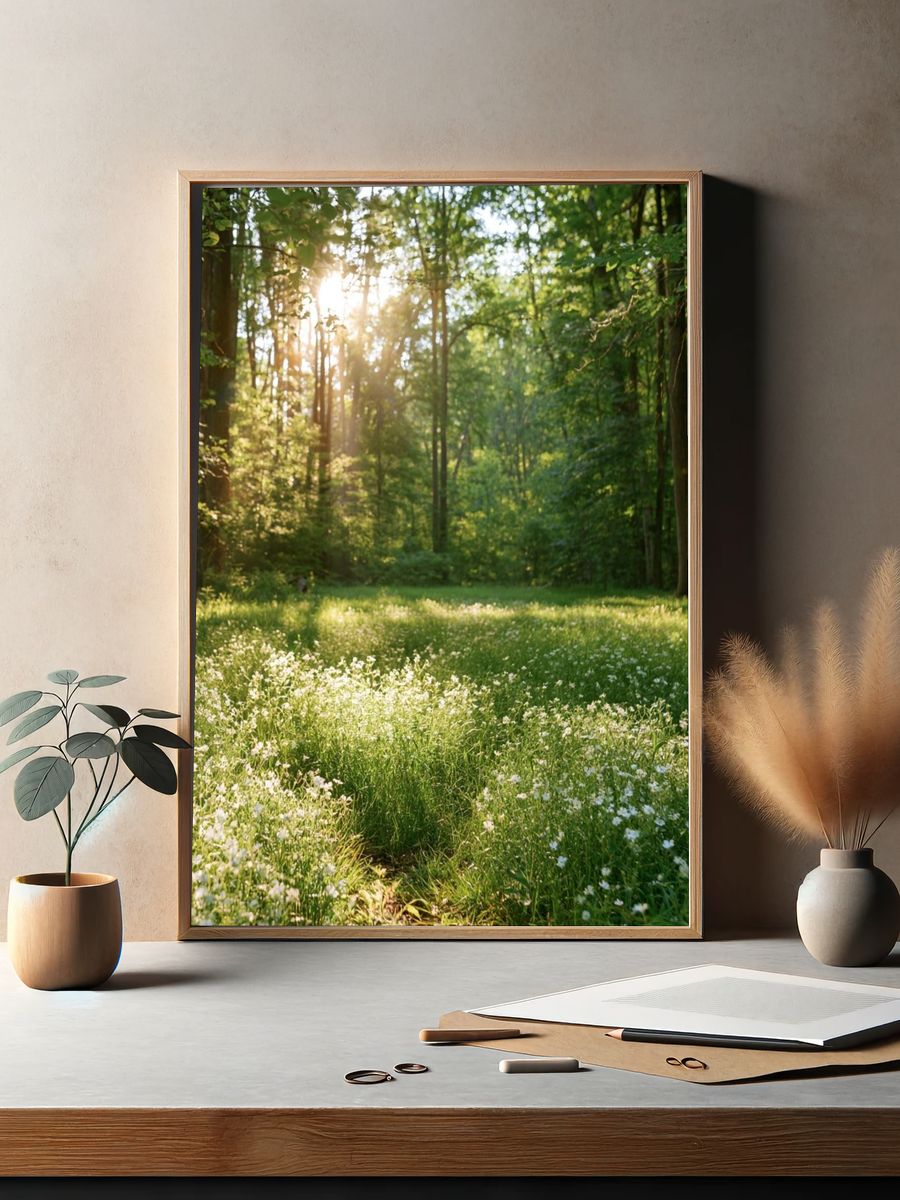 Sunlit Forest Meadow Photography Poster. — room view 2