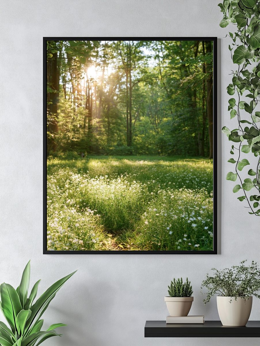 Sunlit Forest Meadow Photography Poster. — room view 4