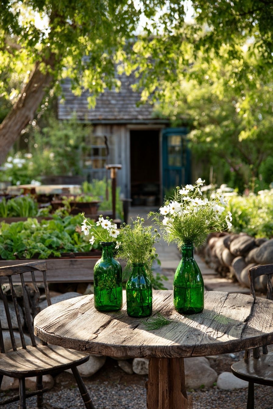 Green Bottles with Flowers — Nature Print. poster detail
