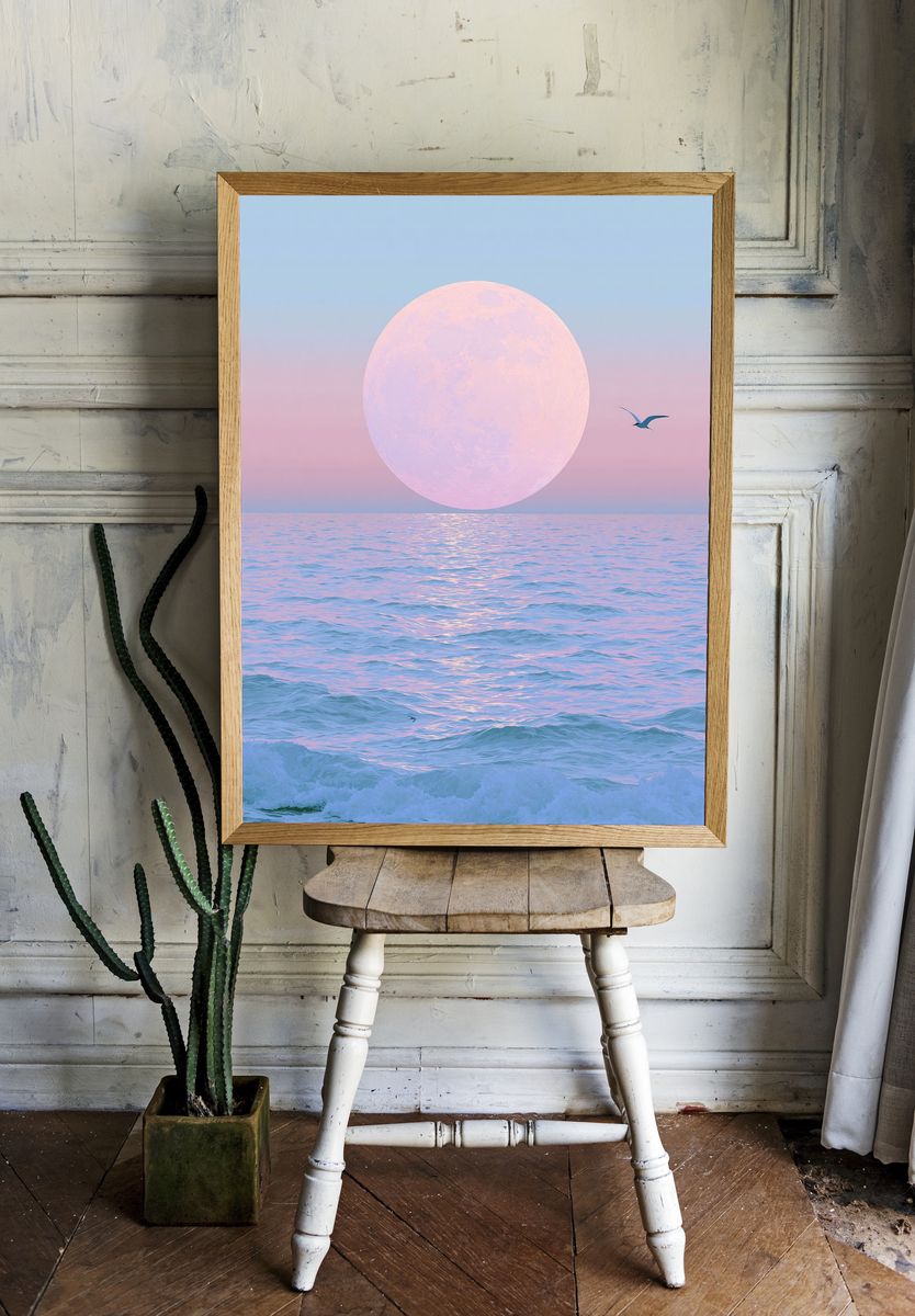 Pastel Moon Over Ocean Print. — room view 1