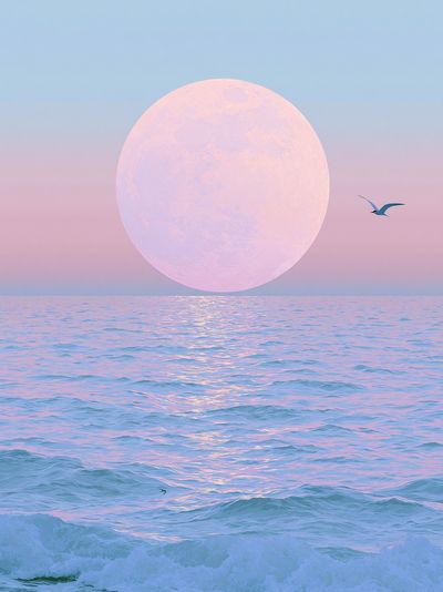 Pastel Moon Over Ocean Print. poster