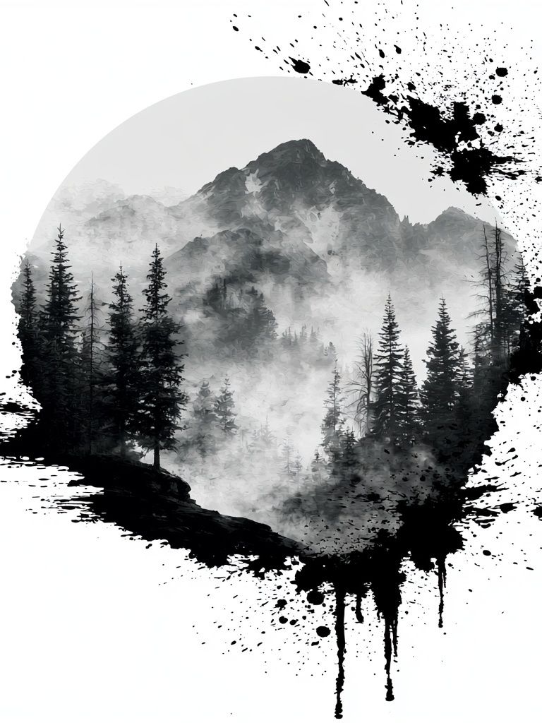Misty Mountain Forest Ink Poster. poster — nature art