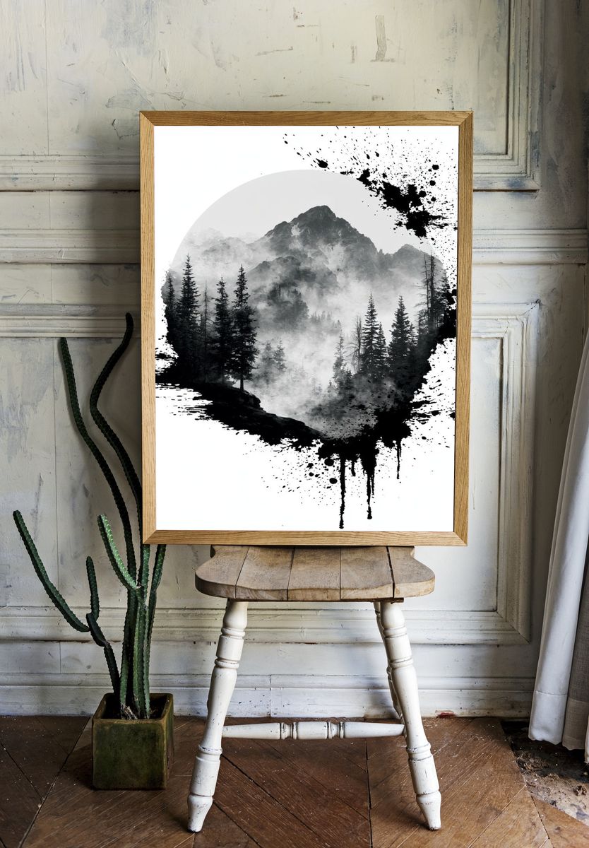 Misty Mountain Forest Ink Poster. — room view 1