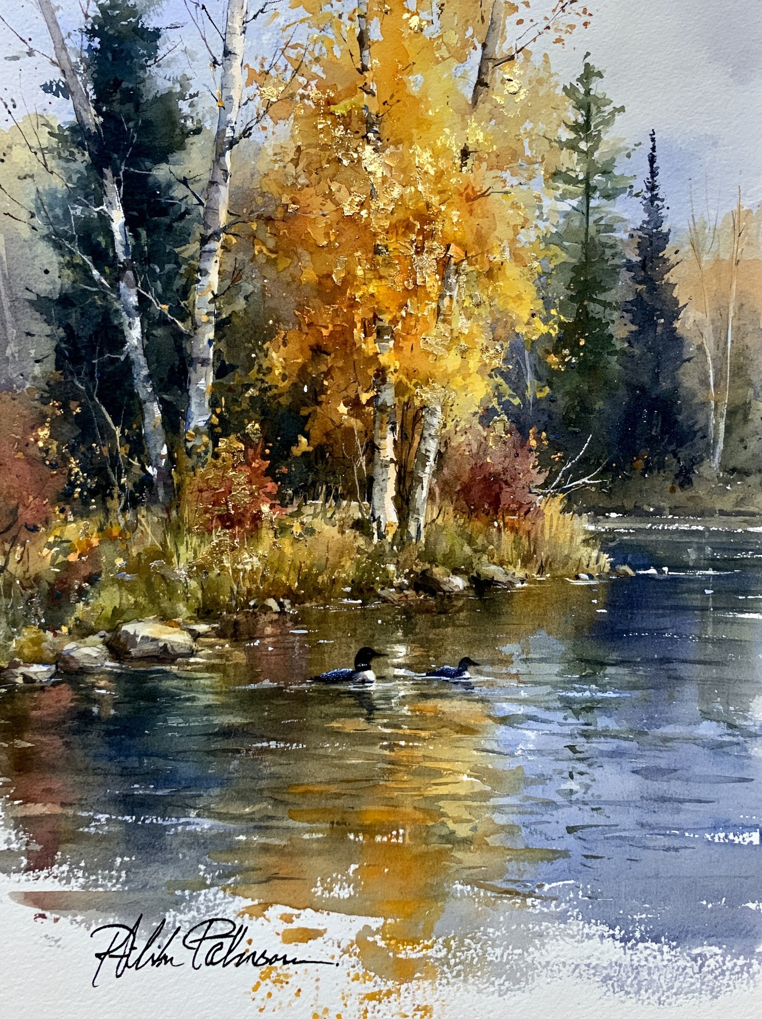 Autumn River Birch Watercolor Print. poster — nature art