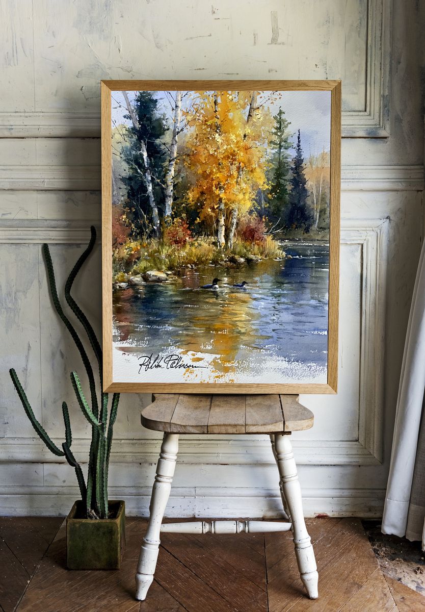 Autumn River Birch Watercolor Print. — room view 1