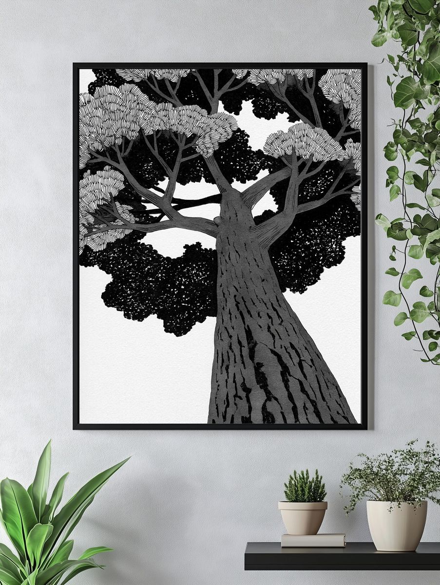 Monochrome Tree Canopy Illustration Poster. — room view 4
