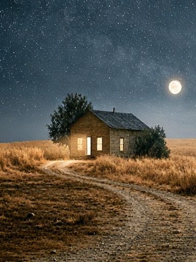 Moonlit Cabin in the Field Poster. poster detail