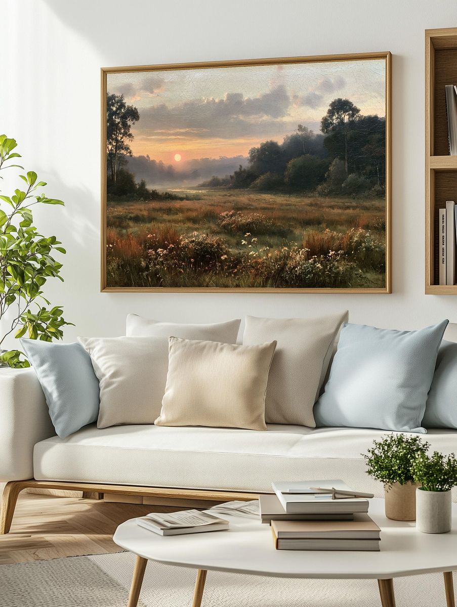 Misty Meadow Sunrise Print. — room view 2