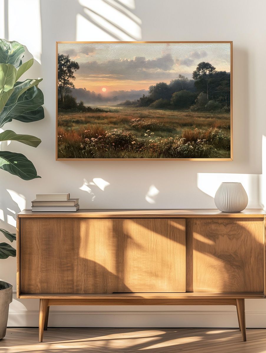 Misty Meadow Sunrise Print. — room view 3