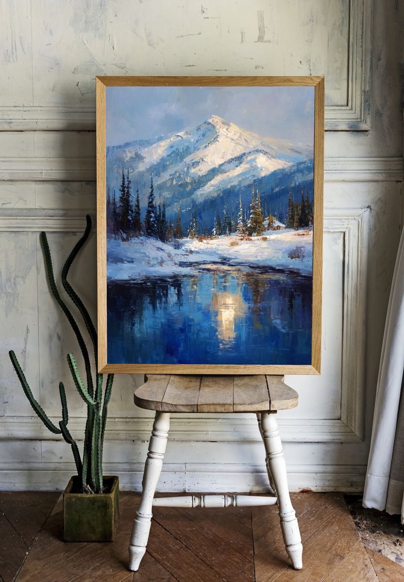 Snowy Mountain Lake Landscape Print. — room view 1