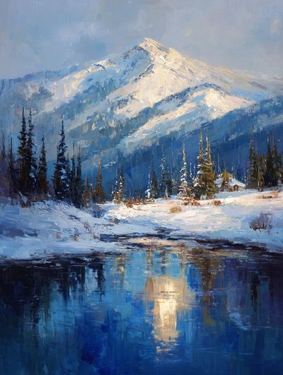 Snowy Mountain Lake Landscape Print.