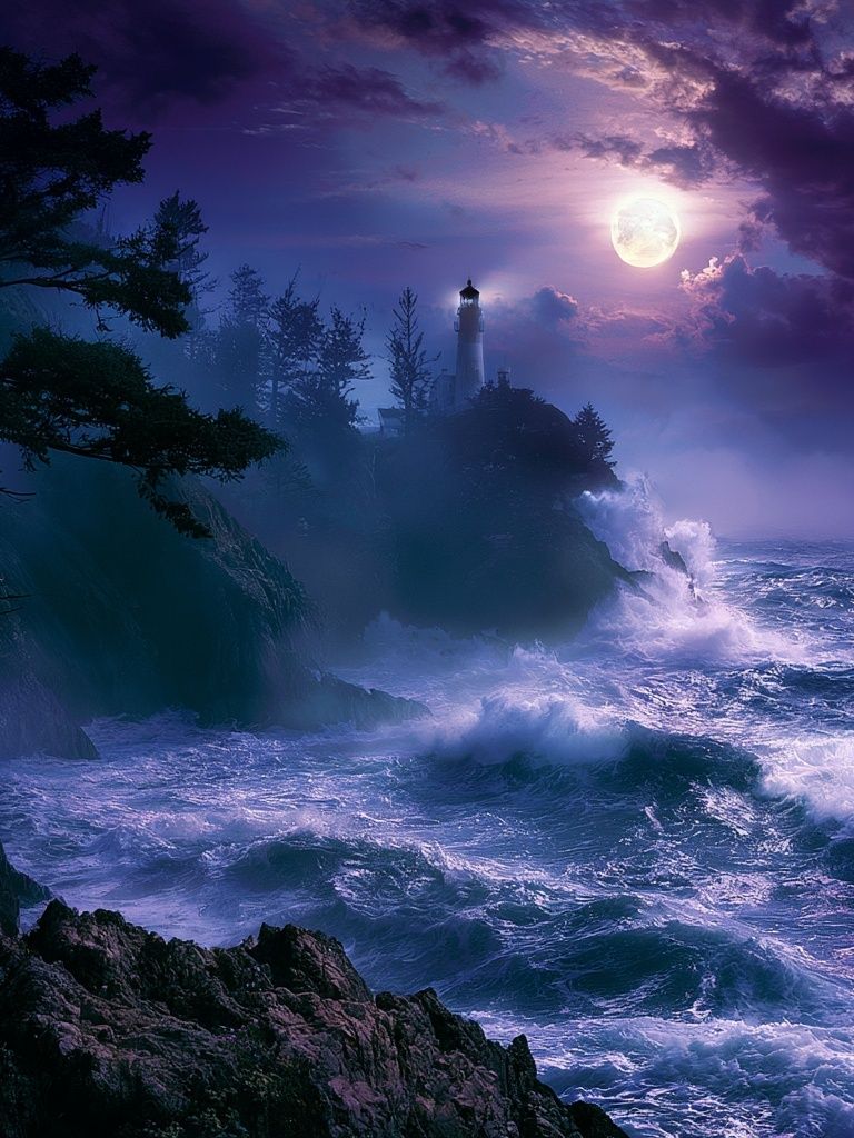 Moonlit Lighthouse Coast Poster. poster detail