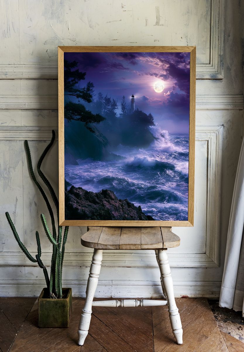 Moonlit Lighthouse Coast Poster. room preview