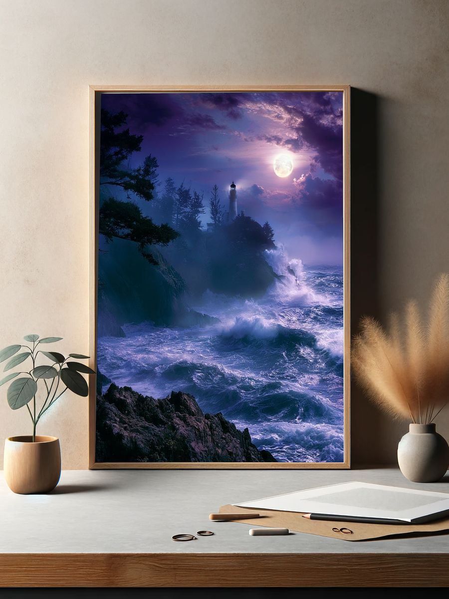 Moonlit Lighthouse Coast Poster. — room view 2